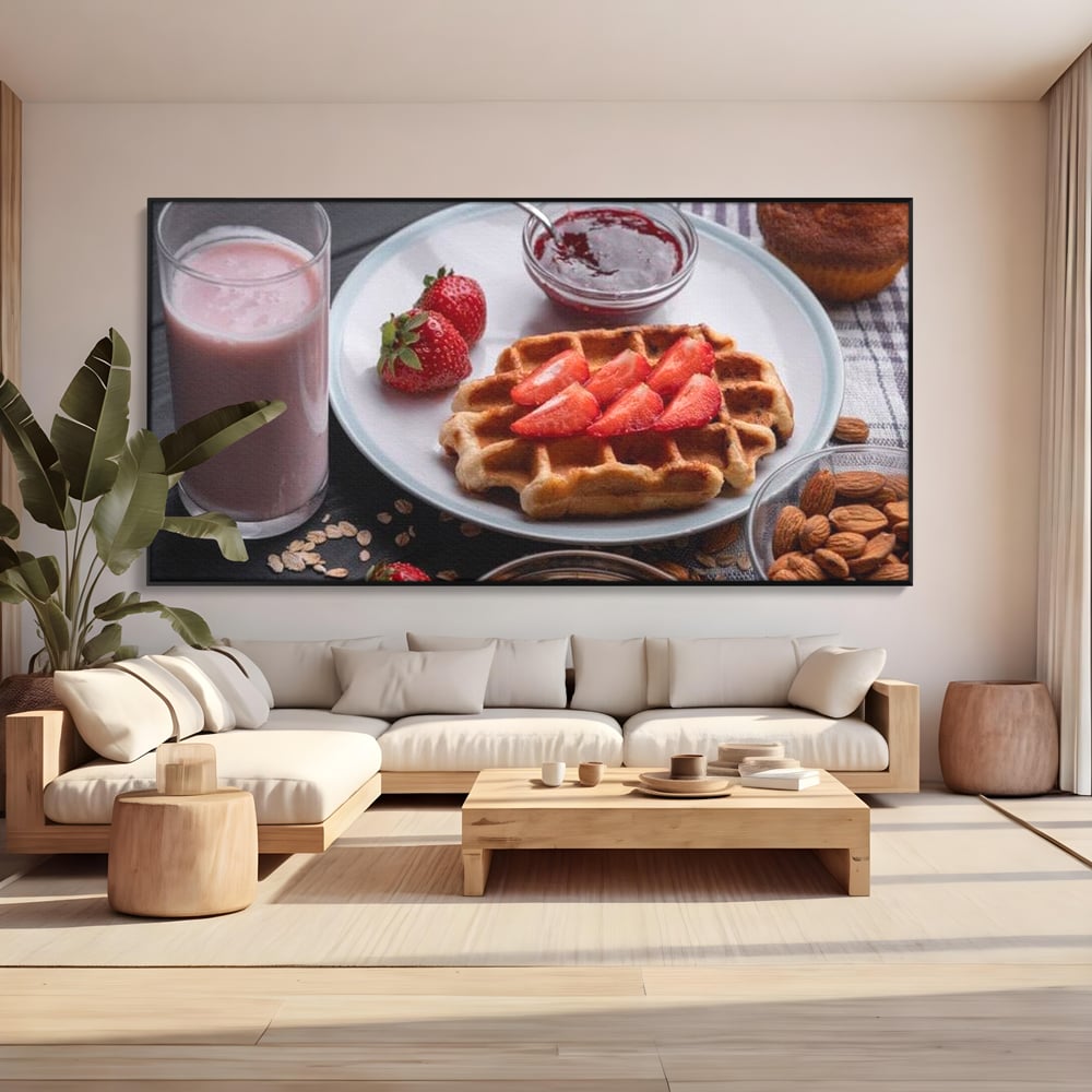 Tablou canvas cu tablou canvas cu mic dejun bogat, in rama de aluminiu negru, pe perete intr-un living